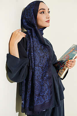Paisley Motifli Soft Şal Lacivert - Başörtüsü