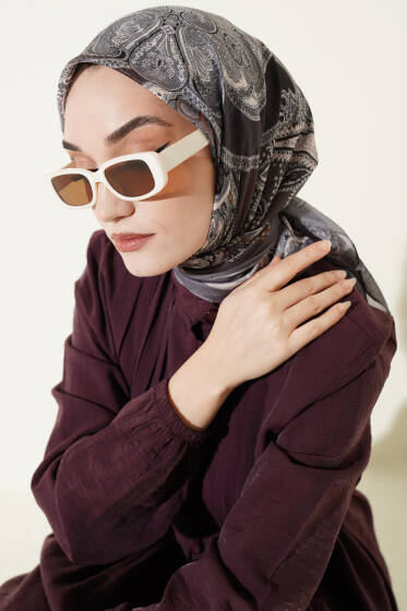 Paisley Retro Desen Eşarp Gri - Başörtüsü