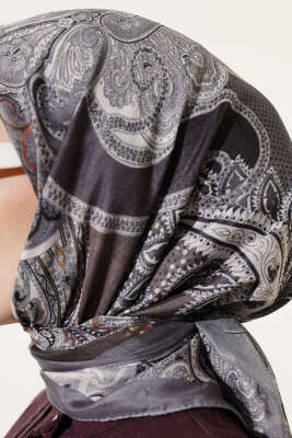 Paisley Retro Desen Eşarp Gri - Başörtüsü
