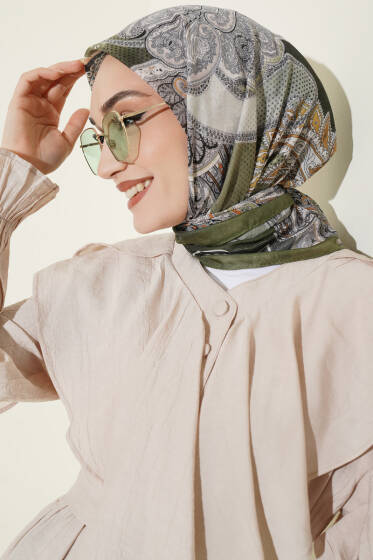 Paisley Retro Desen Eşarp Haki - Başörtüsü