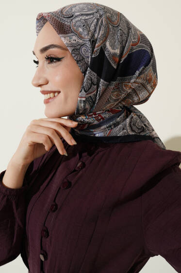 Paisley Retro Desen Eşarp Lacivert Mavi - Başörtüsü