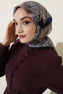Paisley Retro Desen Eşarp Lacivert Mavi - Başörtüsü