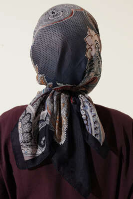 Paisley Retro Desen Eşarp Lacivert Mavi - Başörtüsü