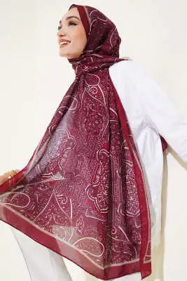 Paisley Şerit Geçişli Şal Bordo - Başörtüsü