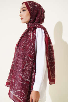 Paisley Şerit Geçişli Şal Bordo - Başörtüsü