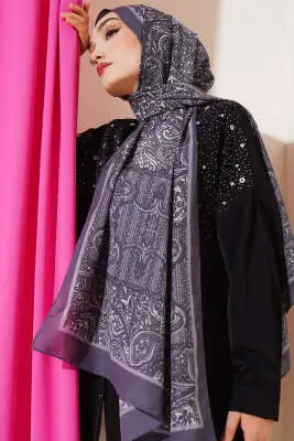 Paisley Şerit Geçişli Şal Füme 