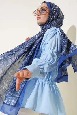 Paisley Şerit Geçişli Şal İndigo - Başörtüsü