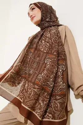 Paisley Şerit Geçişli Şal Kahve - Başörtüsü