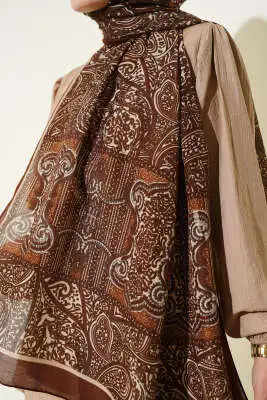 Paisley Şerit Geçişli Şal Kahve - Başörtüsü
