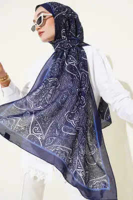 Paisley Şerit Geçişli Şal Lacivert 