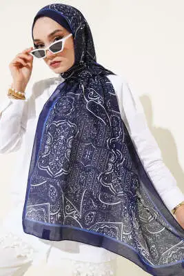 Paisley Şerit Geçişli Şal Lacivert - Başörtüsü