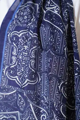 Paisley Şerit Geçişli Şal Lacivert - Başörtüsü