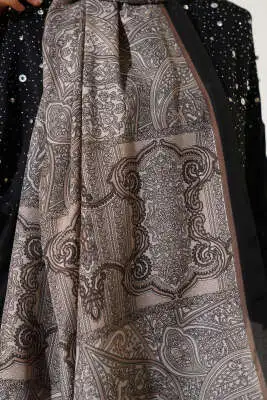 Paisley Şerit Geçişli Şal Siyah Vizon - Başörtüsü