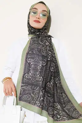 Paisley Şerit Geçişli Şal Siyah Yeşil 