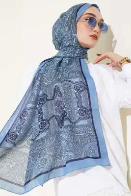 Paisley Şerit Geçişli Şal Soft Mavi - Başörtüsü