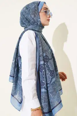 Paisley Şerit Geçişli Şal Soft Mavi - Başörtüsü