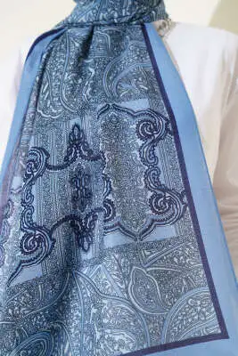 Paisley Şerit Geçişli Şal Soft Mavi - Başörtüsü