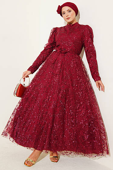 Paisley Simli Pullu Abiye Elbise Bordo - Elbise