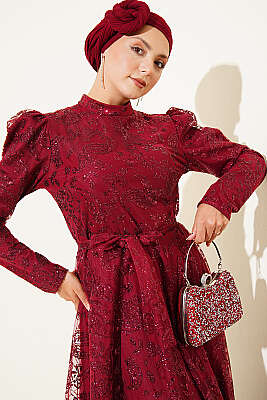 Paisley Simli Pullu Abiye Elbise Bordo - Elbise