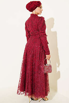 Paisley Simli Pullu Abiye Elbise Bordo - Elbise