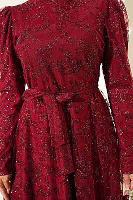 Paisley Simli Pullu Abiye Elbise Bordo - Elbise