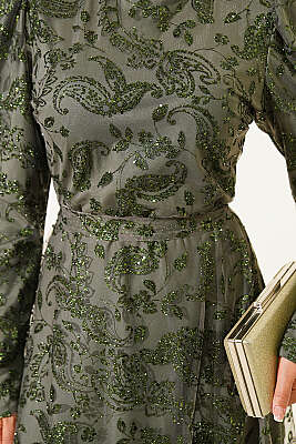 Paisley Simli Pullu Abiye Elbise Haki - Elbise