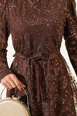 Paisley Simli Pullu Abiye Elbise Kahve - Elbise