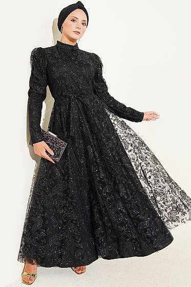 Paisley Simli Pullu Abiye Elbise Siyah - Elbise