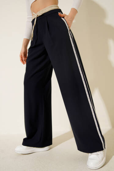 Palazzo Bel Garnili Şeritli Pantolon Lacivert - Kadın Giyim Modelleri