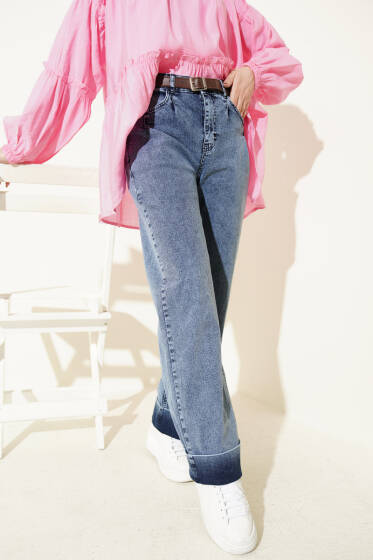 Palazzo Kemerli Kot Pantolon Açık Mavi - Pantolon