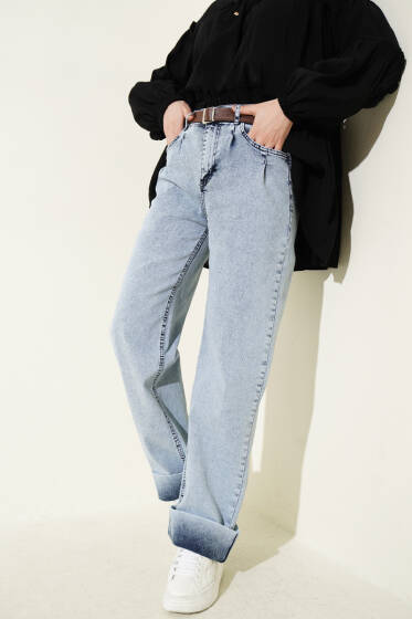 Palazzo Kemerli Kot Pantolon Buz Mavisi - Pantolon