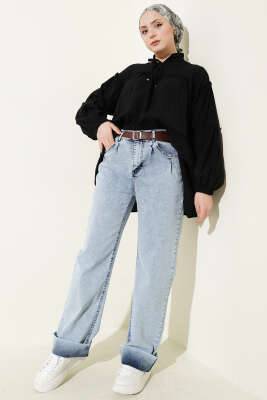 Palazzo Kemerli Kot Pantolon Buz Mavisi - Pantolon