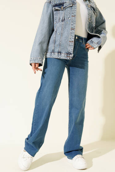 Palazzo Kesik Paça Detaylı Kot Pantolon Açık Mavi - Pantolon