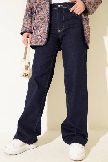 Palazzo Kesik Paça Detaylı Kot Pantolon Lacivert - Pantolon