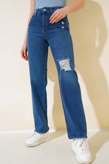 Palazzo Lazerli Kot Pantolon Mavi - Yeni Giyim