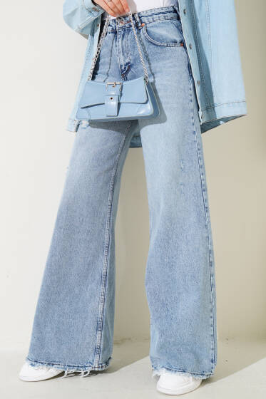 Palazzo Paça Yıpratmalı Kot Pantolon Açık Mavi - Pantolon