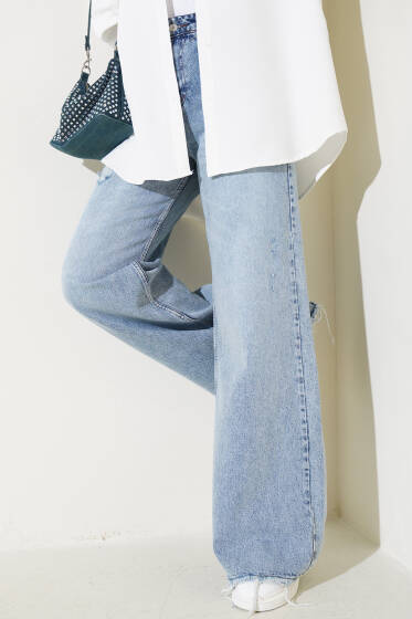 Palazzo Yıpratmalı Kot Pantolon Açık Kar - Pantolon