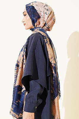 Palet Desen Vio Light Şal Lacivert Bej - Başörtüsü