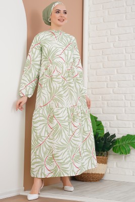 Palmiye Desenli Çağla Yeşili Elbise - Thumbnail