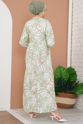 Palmiye Desenli Çağla Yeşili Elbise - Thumbnail