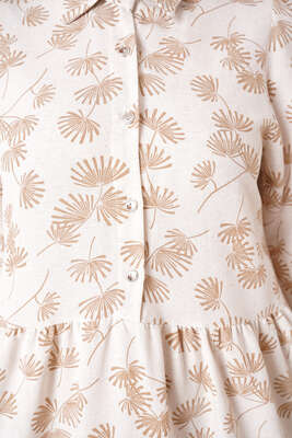 Palmiye Desenli Düğmeli Elbise Bej - Thumbnail