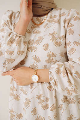 Palmiye Desenli Elbise Bej - Thumbnail
