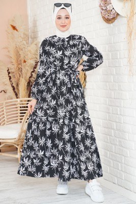 Palmiye Desenli Katlı Siyah Elbise - Thumbnail