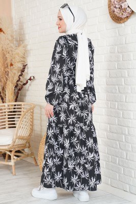 Palmiye Desenli Katlı Siyah Elbise - Thumbnail