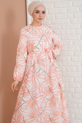 Palmiye Desenli Pudra Elbise - Thumbnail
