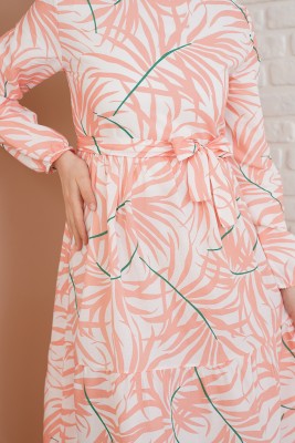 Palmiye Desenli Pudra Elbise - Thumbnail