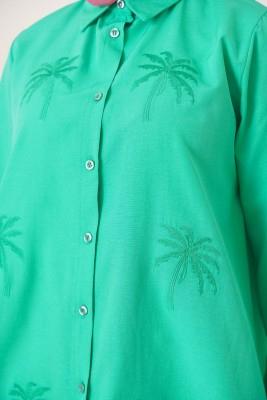 Palmiye Nakışlı Yeşil Gömlek - Thumbnail