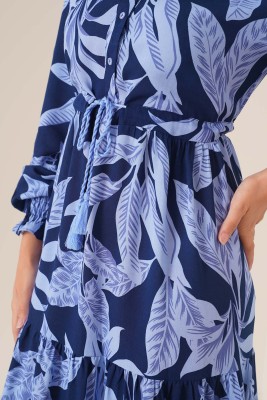 Palmiye Yapraklı Beli Bağlamalı İndigo Elbise - Thumbnail