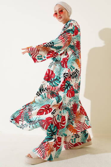 Palmiye Yapraklı Uzun Kimonolu İkili Takım Bordo - İKİLİ TAKIM