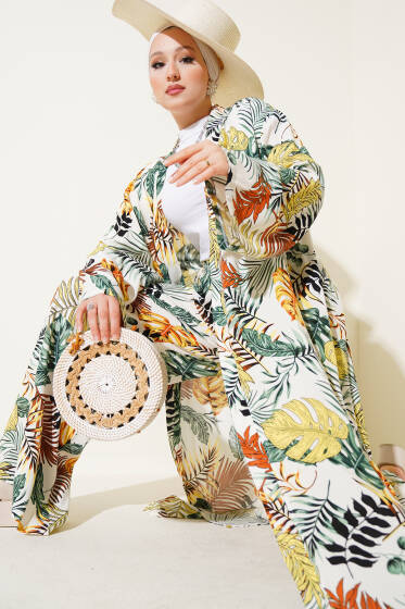 Palmiye Yapraklı Uzun Kimonolu İkili Takım Haki - İKİLİ TAKIM